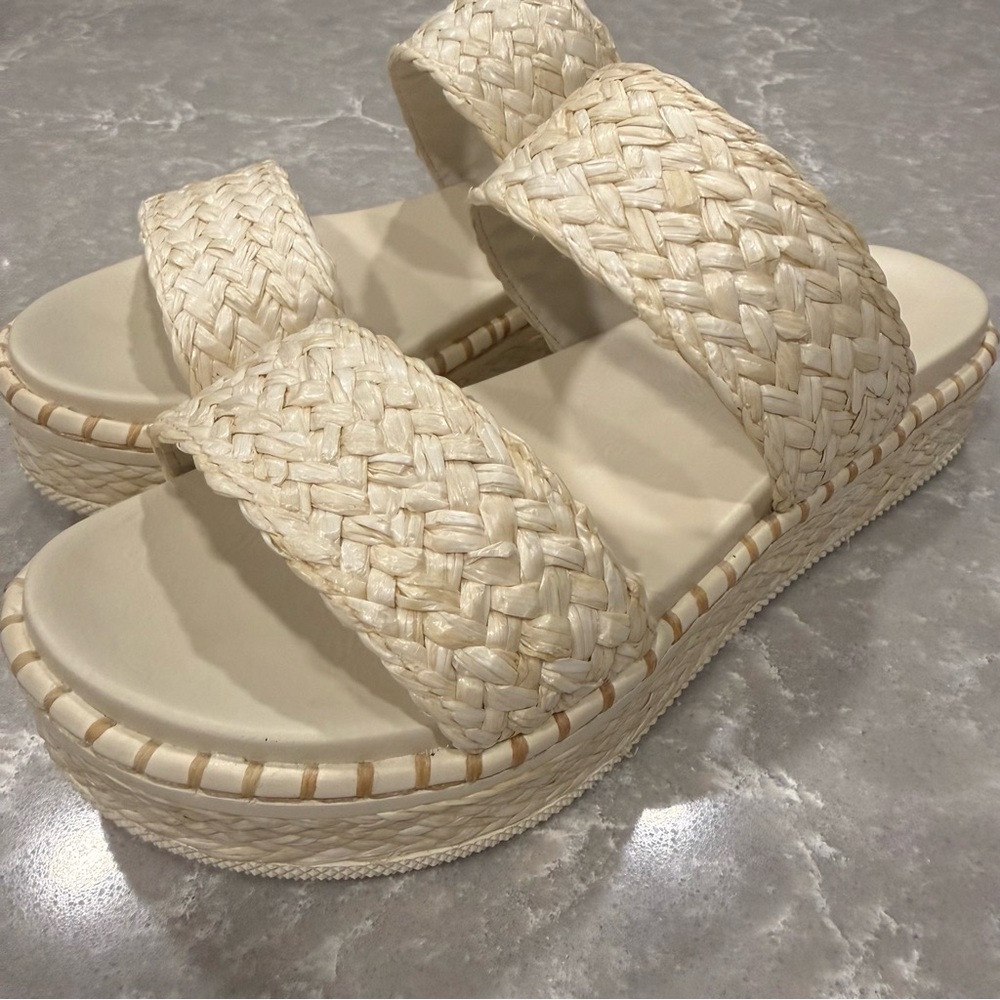 MIA Cream Braided Double-Strap Platform Slide Raffia Sandals 6.5 LIKE NEW